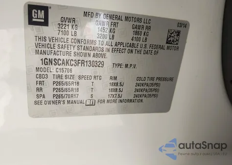 2015 Chevrolet Tahoe Ls из США, поврежденный, VIN 1GNSCAKC3FR130329